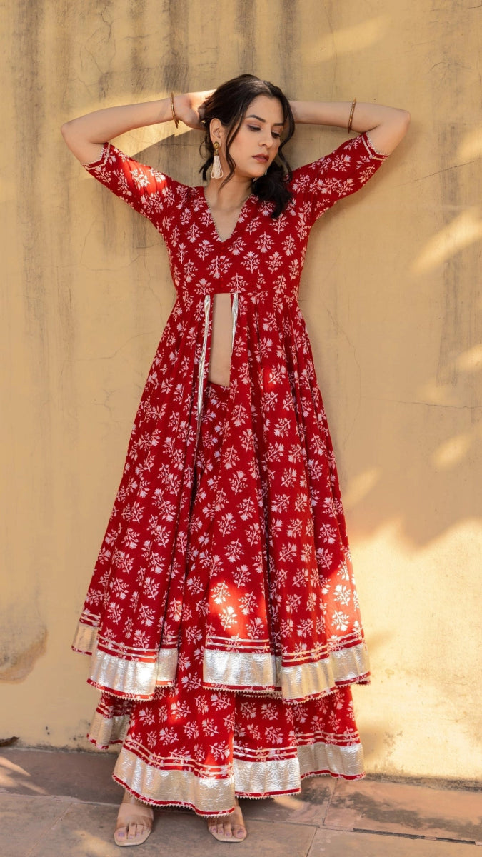 BLUSH RED BLOCK PRINT FRONT OPEN KURTA PLAZO WITH SOFT NET DUPATTA - Pomcha Jaipur