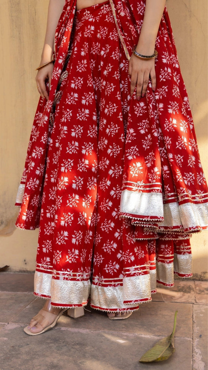 BLUSH RED BLOCK PRINT FRONT OPEN KURTA PLAZO WITH SOFT NET DUPATTA - Pomcha Jaipur