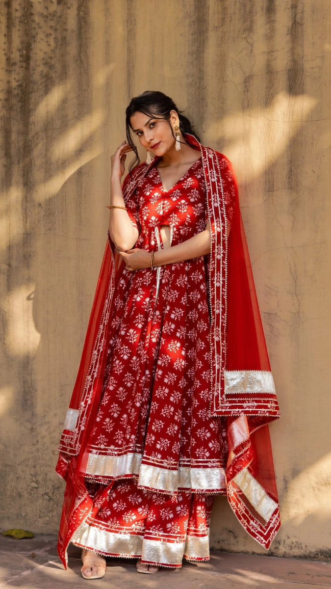 BLUSH RED BLOCK PRINT FRONT OPEN KURTA PLAZO WITH SOFT NET DUPATTA - Pomcha Jaipur