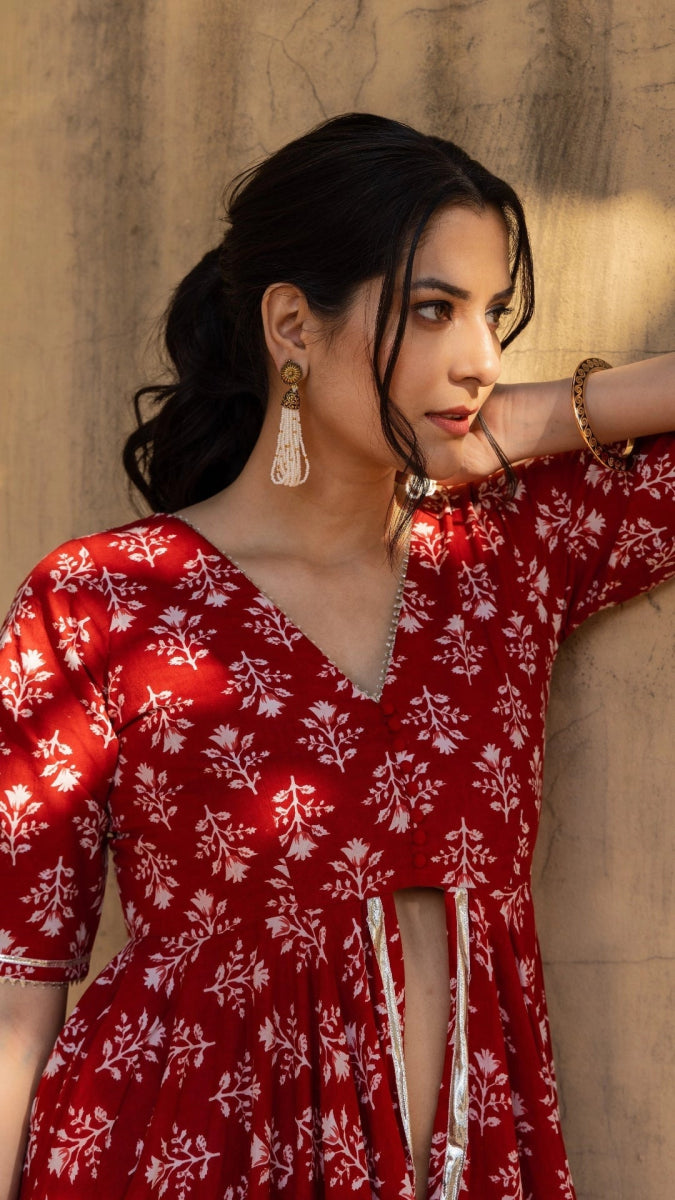 BLUSH RED BLOCK PRINT FRONT OPEN KURTA PLAZO WITH SOFT NET DUPATTA - Pomcha Jaipur