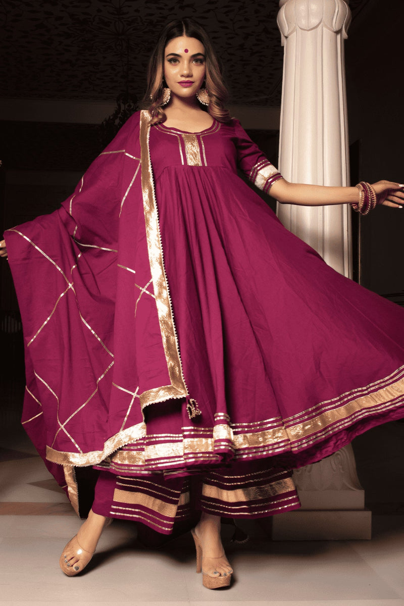 BURGUNDY PURE COTTON ANARKALI SET WITH JAAL WORK COTTON DUPATTA - Pomcha Jaipur