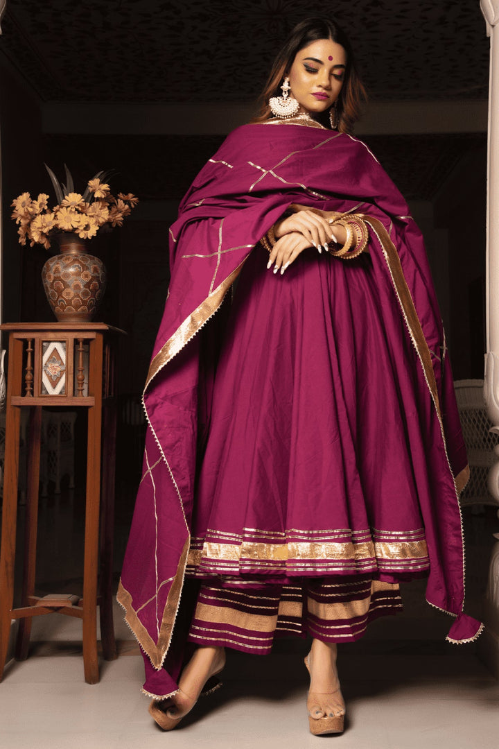 BURGUNDY PURE COTTON ANARKALI SET WITH JAAL WORK COTTON DUPATTA - Pomcha Jaipur