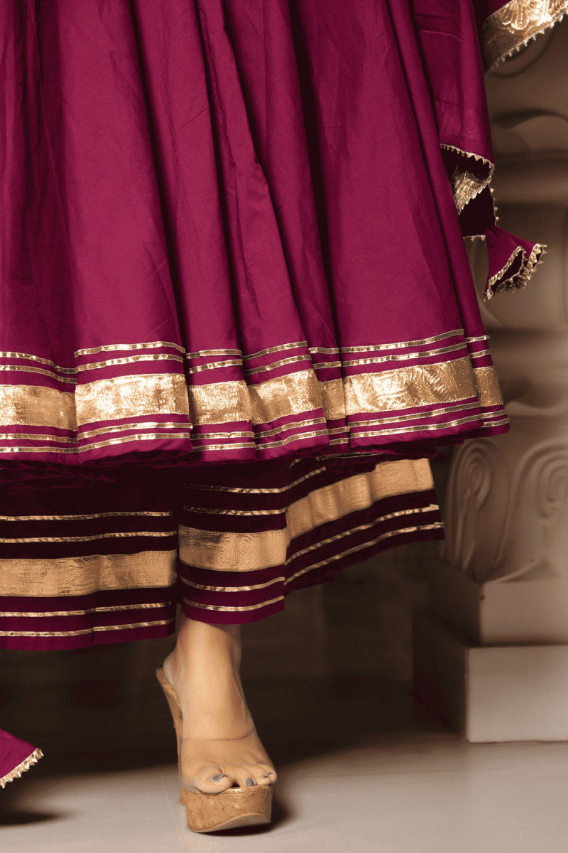 BURGUNDY PURE COTTON ANARKALI SET WITH JAAL WORK COTTON DUPATTA - Pomcha Jaipur