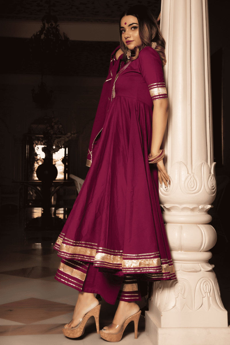 BURGUNDY PURE COTTON ANARKALI SET WITH JAAL WORK COTTON DUPATTA - Pomcha Jaipur