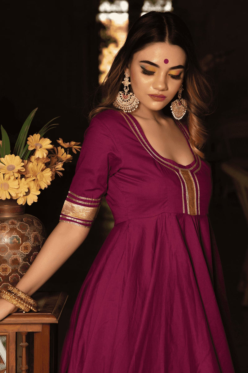 BURGUNDY PURE COTTON ANARKALI SET WITH JAAL WORK COTTON DUPATTA - Pomcha Jaipur