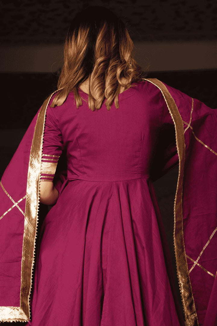 BURGUNDY PURE COTTON ANARKALI SET WITH JAAL WORK COTTON DUPATTA - Pomcha Jaipur