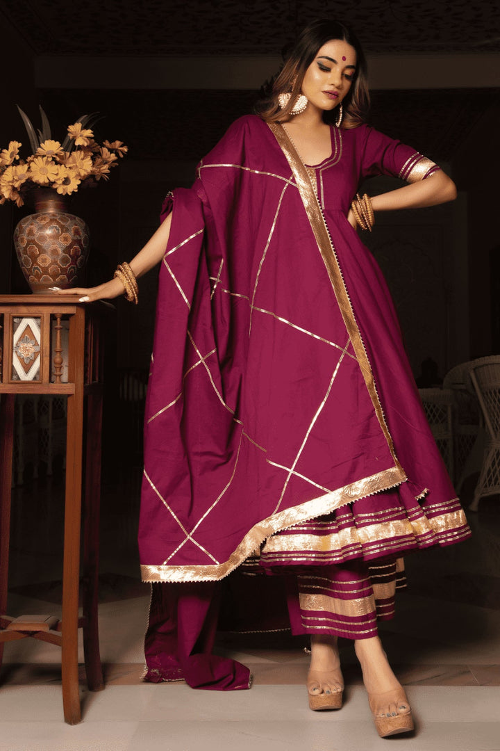 BURGUNDY PURE COTTON ANARKALI SET WITH JAAL WORK COTTON DUPATTA - Pomcha Jaipur