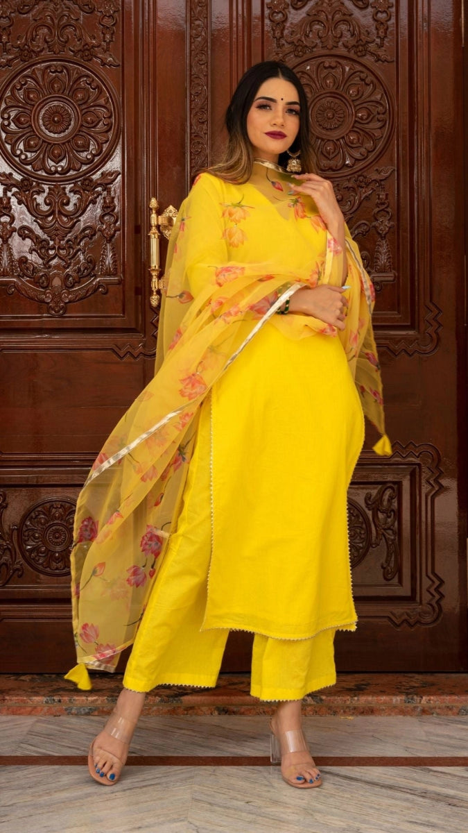 BUTTERCUP YELLOW SUIT SET WITH ORGANZA DUPATTA - Pomcha Jaipur