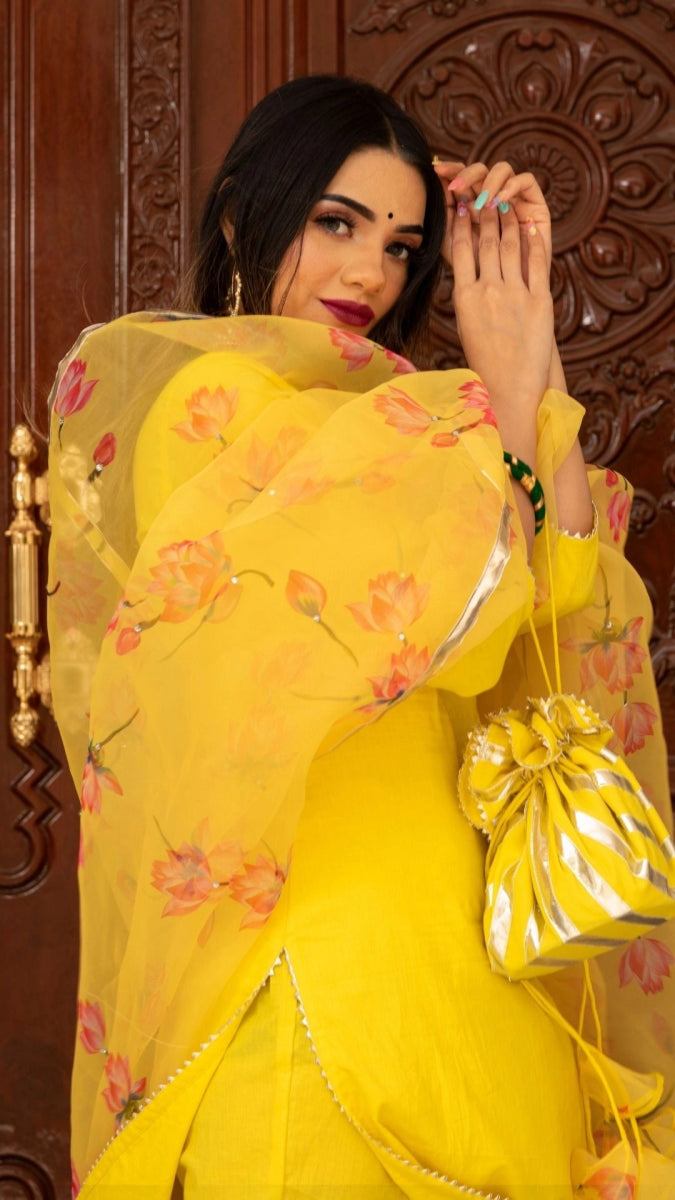 BUTTERCUP YELLOW SUIT SET WITH ORGANZA DUPATTA - Pomcha Jaipur