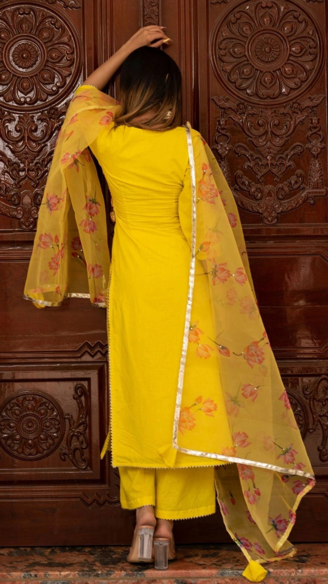 BUTTERCUP YELLOW SUIT SET WITH ORGANZA DUPATTA - Pomcha Jaipur