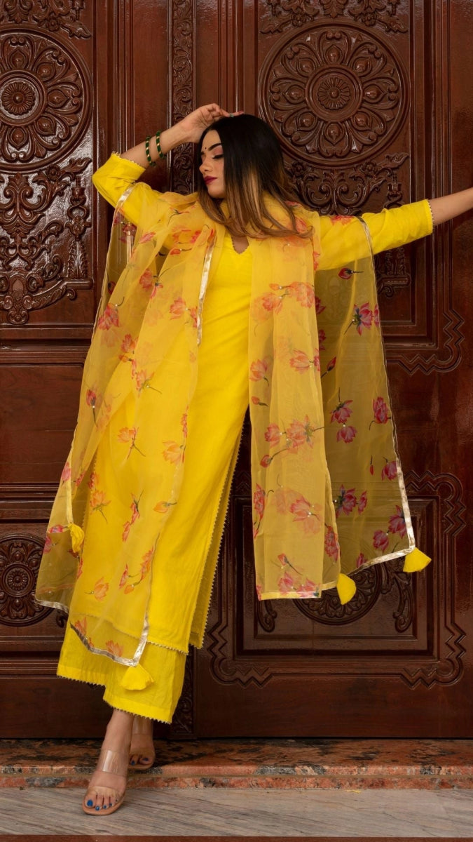 BUTTERCUP YELLOW SUIT SET WITH ORGANZA DUPATTA - Pomcha Jaipur