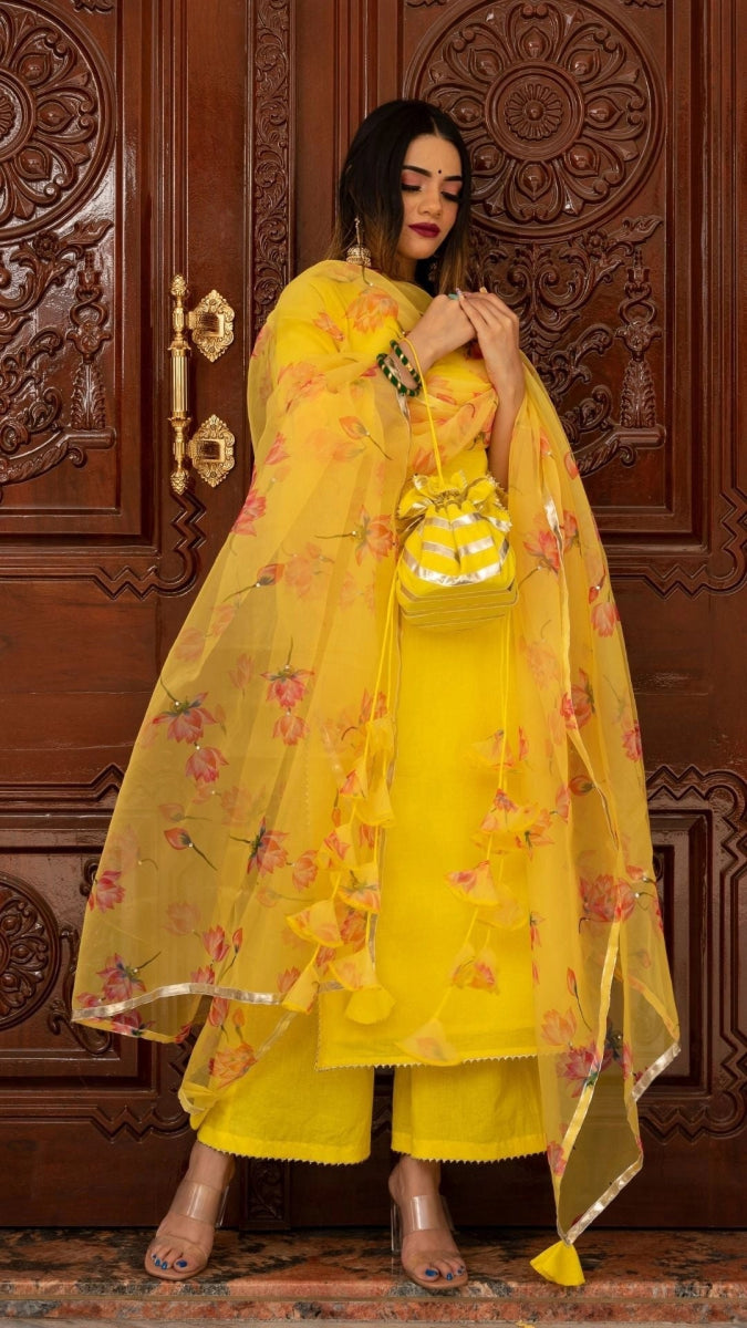 BUTTERCUP YELLOW SUIT SET WITH ORGANZA DUPATTA - Pomcha Jaipur