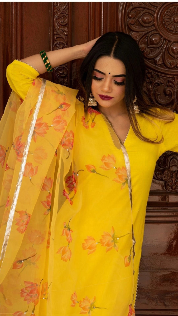 BUTTERCUP YELLOW SUIT SET WITH ORGANZA DUPATTA - Pomcha Jaipur
