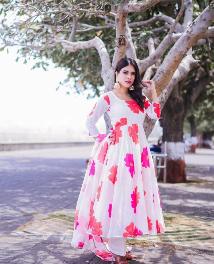 CARNATION OFF WHITE CHANDERI SILK ANARKALI SET WITH ORGANZA DUPATTA - Pomcha Jaipur