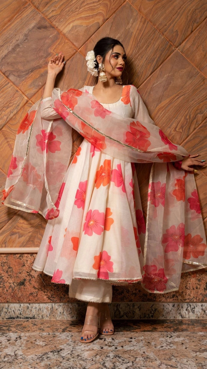 CARNATION OFF WHITE CHANDERI SILK ANARKALI SET WITH ORGANZA DUPATTA - Pomcha Jaipur
