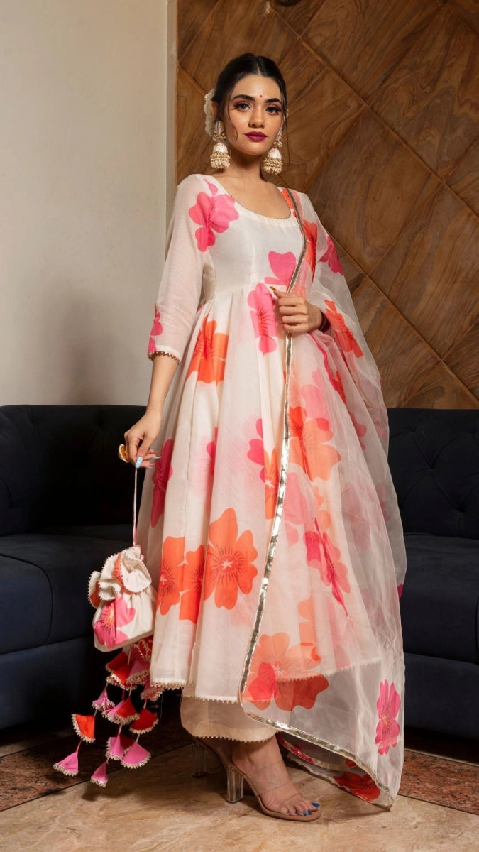 CARNATION OFF WHITE CHANDERI SILK ANARKALI SET WITH ORGANZA DUPATTA - Pomcha Jaipur