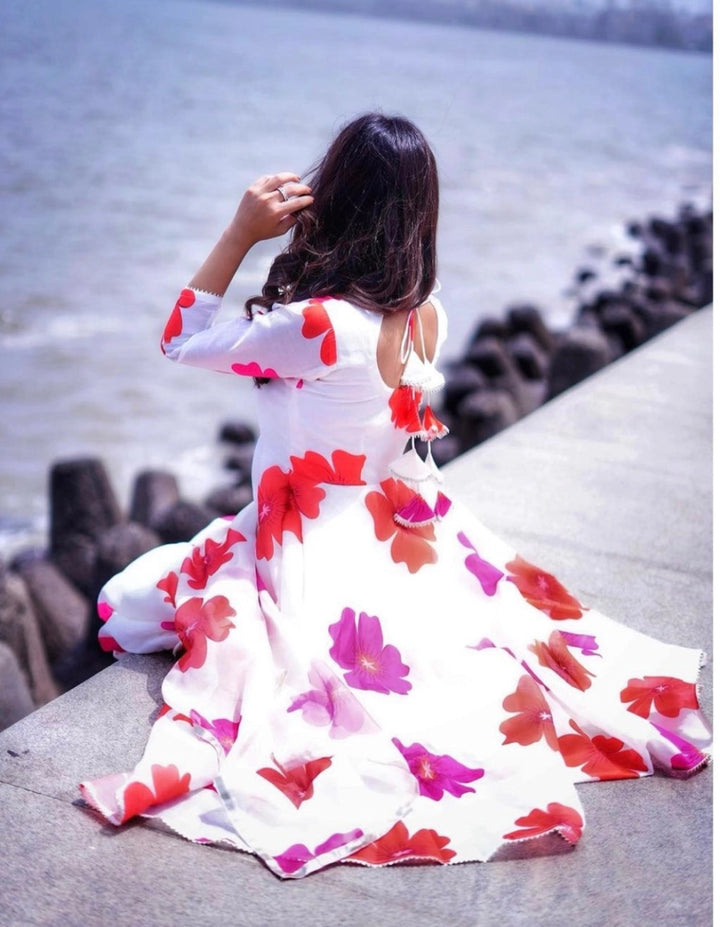 CARNATION OFF WHITE CHANDERI SILK ANARKALI SET WITH ORGANZA DUPATTA - Pomcha Jaipur