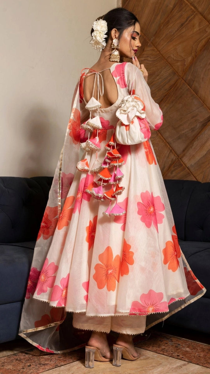 CARNATION OFF WHITE CHANDERI SILK ANARKALI SET WITH ORGANZA DUPATTA - Pomcha Jaipur