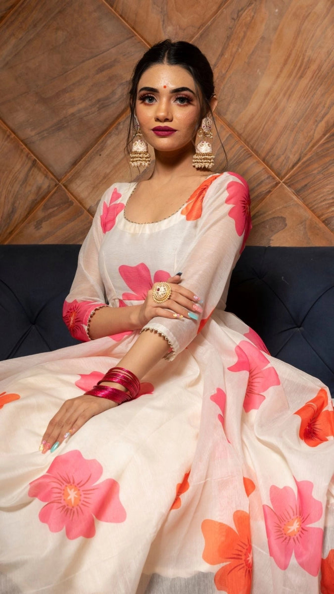 CARNATION OFF WHITE CHANDERI SILK ANARKALI SET WITH ORGANZA DUPATTA - Pomcha Jaipur