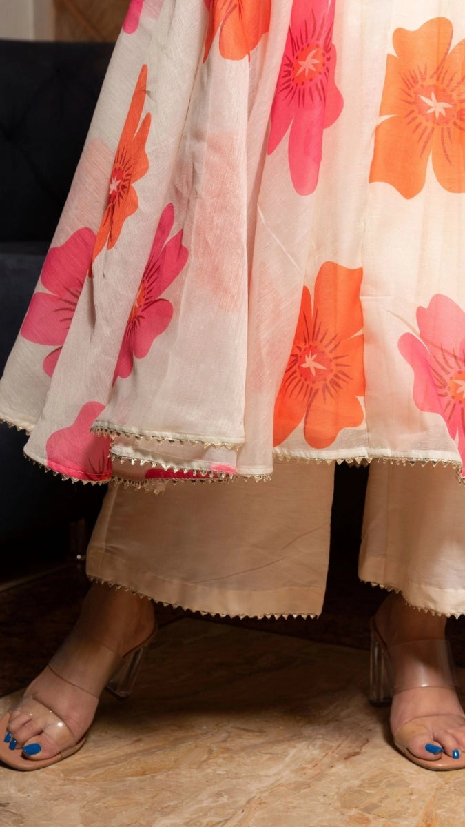 CARNATION OFF WHITE CHANDERI SILK ANARKALI SET WITH ORGANZA DUPATTA - Pomcha Jaipur