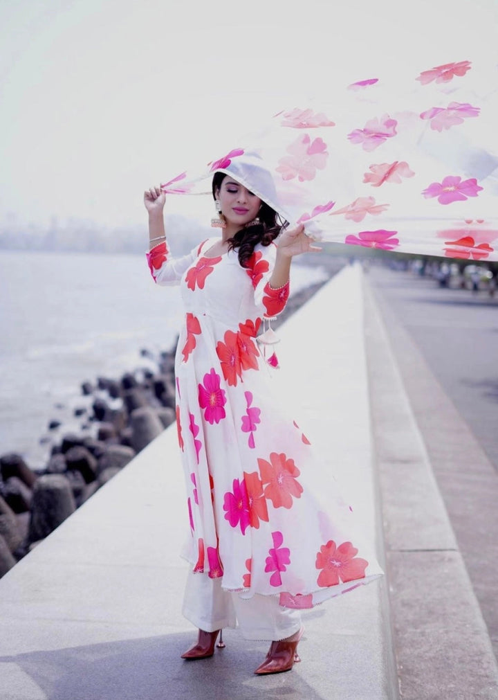 CARNATION OFF WHITE CHANDERI SILK ANARKALI SET WITH ORGANZA DUPATTA - Pomcha Jaipur