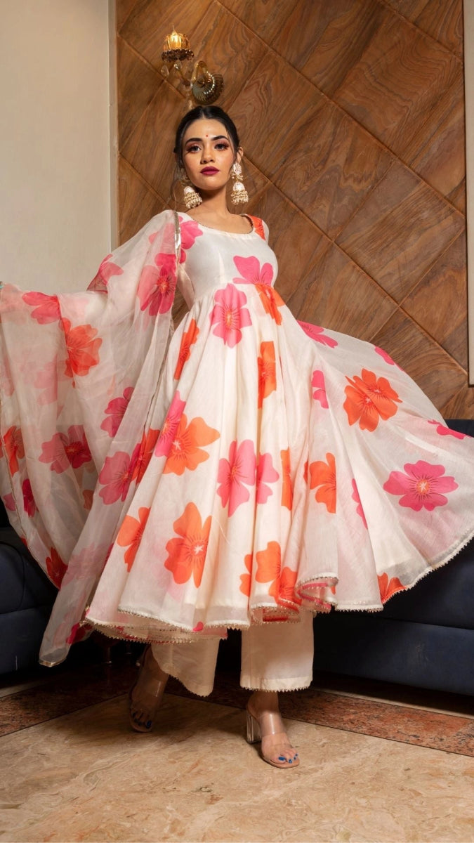 CARNATION OFF WHITE CHANDERI SILK ANARKALI SET WITH ORGANZA DUPATTA - Pomcha Jaipur