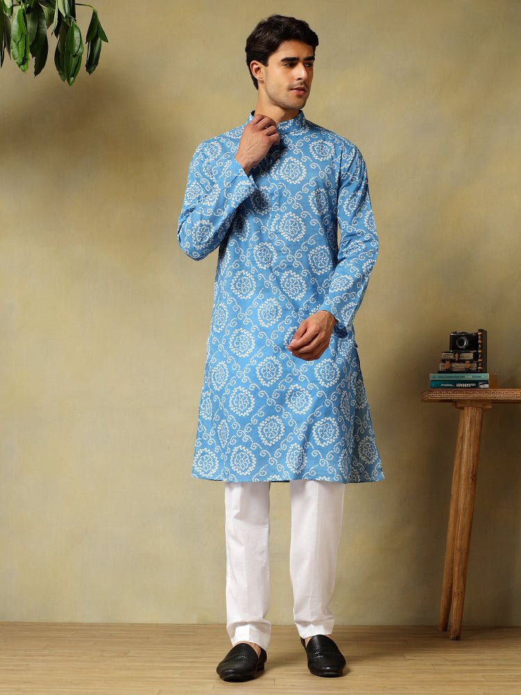 CHAAP BLUE HAND BLOCK COTTON KURTA SET - Pomcha Jaipur