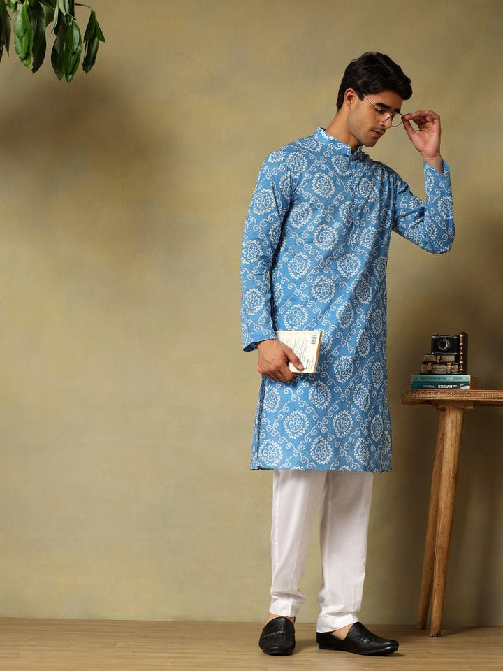 CHAAP BLUE HAND BLOCK COTTON KURTA SET - Pomcha Jaipur