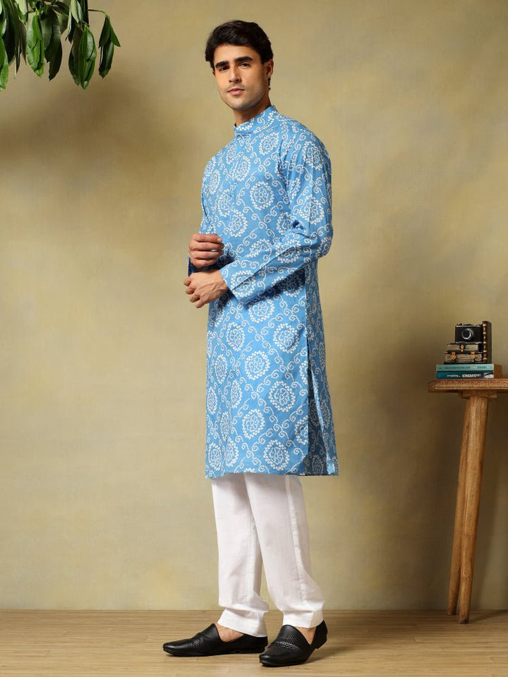 CHAAP BLUE HAND BLOCK COTTON KURTA SET - Pomcha Jaipur