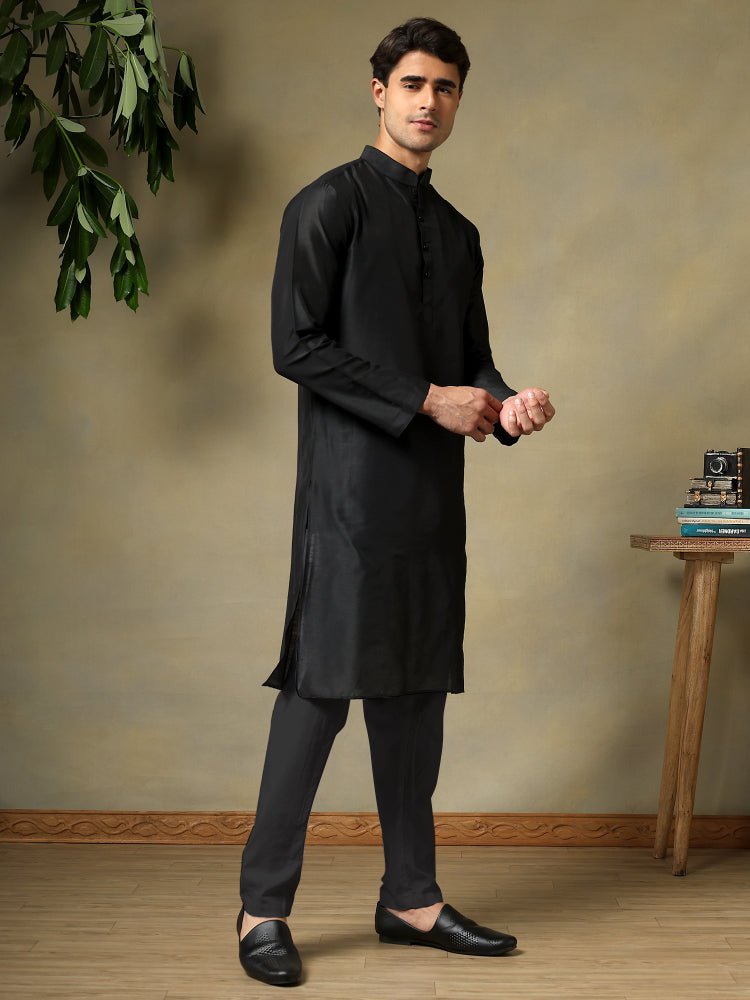 CHAAP MEN'S BLACK COTTON SILK KURTA SET - Pomcha Jaipur