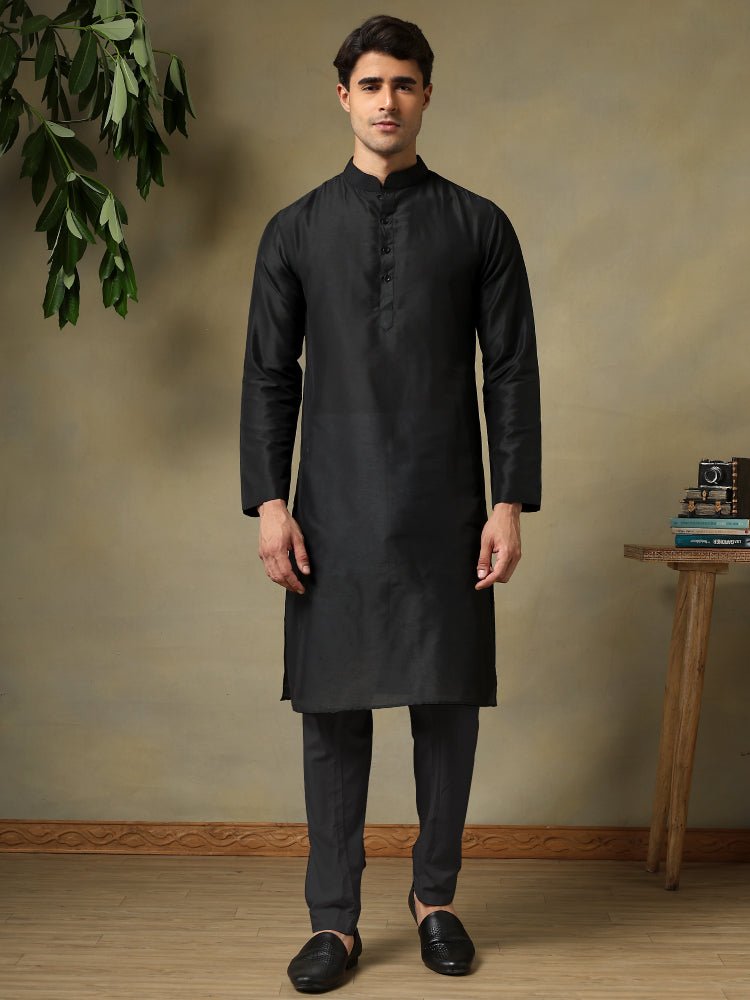 CHAAP MEN'S BLACK COTTON SILK KURTA SET - Pomcha Jaipur