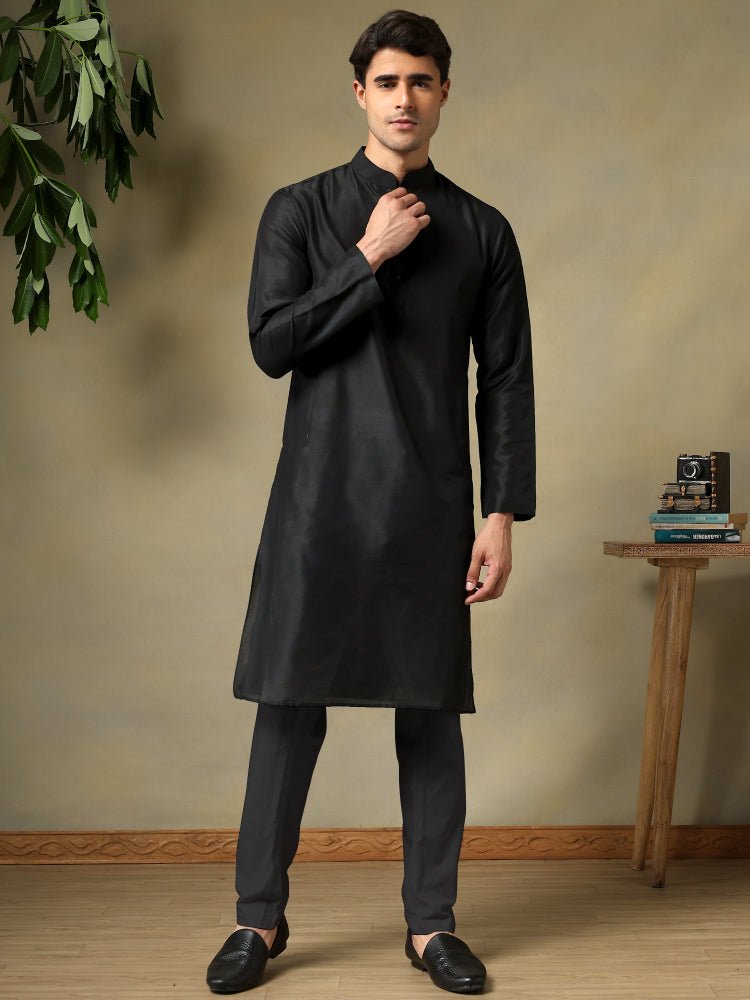 CHAAP MEN'S BLACK COTTON SILK KURTA SET - Pomcha Jaipur