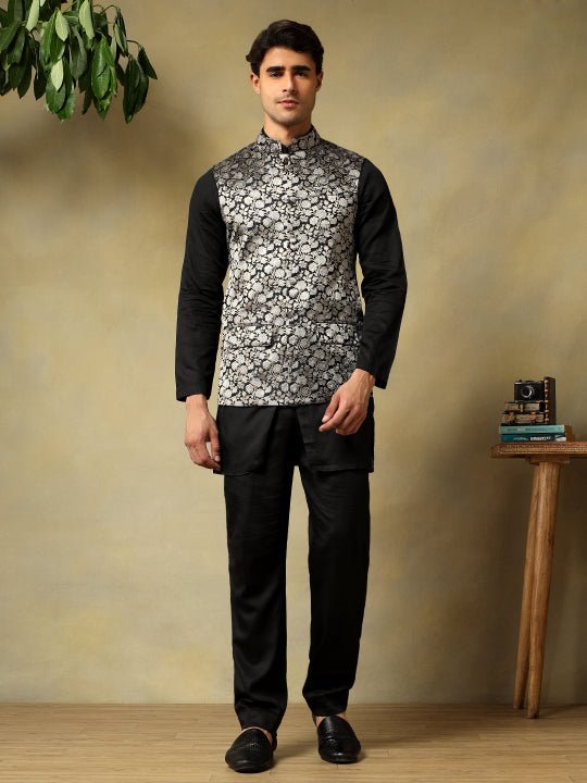 CHAAP MEN'S BLACK DOLA SILK KURTA SET WITH BROCADE JACKET - Pomcha Jaipur