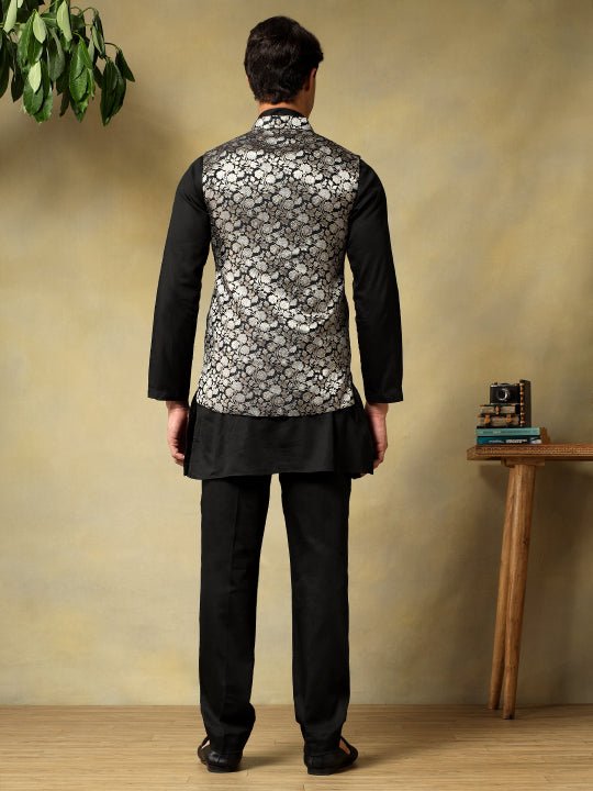 CHAAP MEN'S BLACK DOLA SILK KURTA SET WITH BROCADE JACKET - Pomcha Jaipur