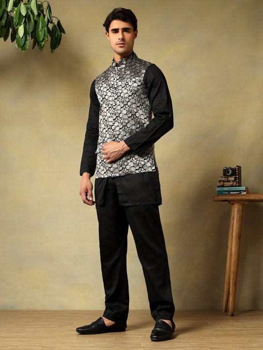 CHAAP MEN'S BLACK DOLA SILK KURTA SET WITH BROCADE JACKET - Pomcha Jaipur