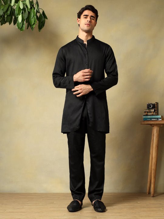 CHAAP MEN'S BLACK DOLA SILK KURTA SET WITH BROCADE JACKET - Pomcha Jaipur