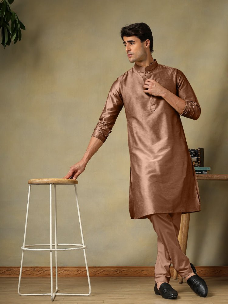 CHAAP MEN'S BROWN COTTON SILK KURTA SET - Pomcha Jaipur