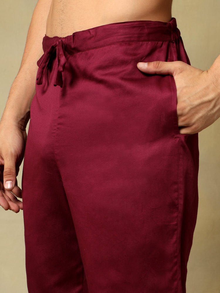 CHAAP MEN'S DEEP MAROON DOLA SILK KURTA SET WITH BROCADE JACKET - Pomcha Jaipur