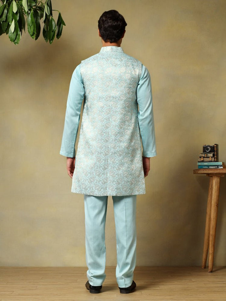 CHAAP MEN'S LIGHT BLUE DOLA SILK KURTA SET WITH BROCADE JACKET - Pomcha Jaipur