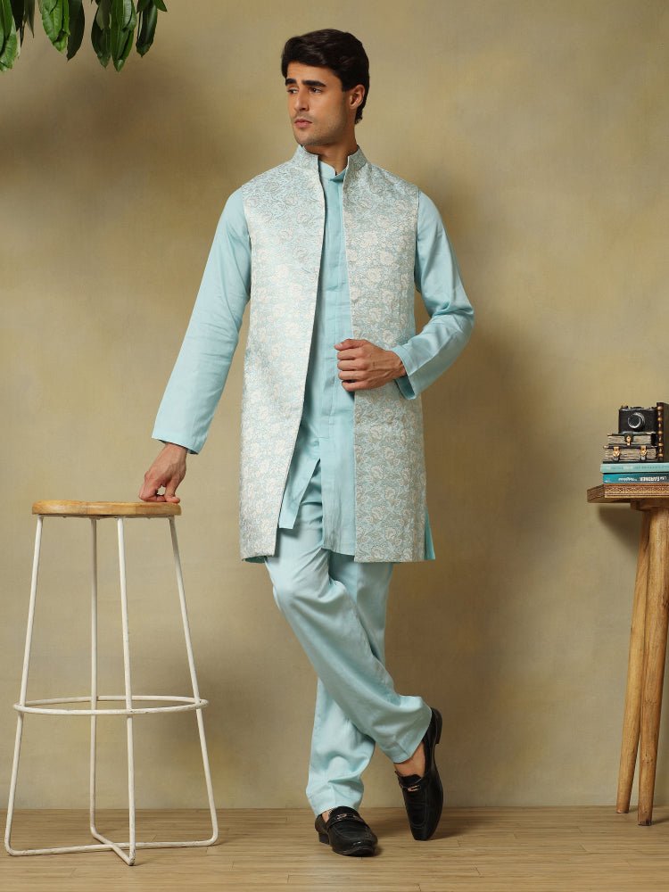 CHAAP MEN'S LIGHT BLUE DOLA SILK KURTA SET WITH BROCADE JACKET - Pomcha Jaipur