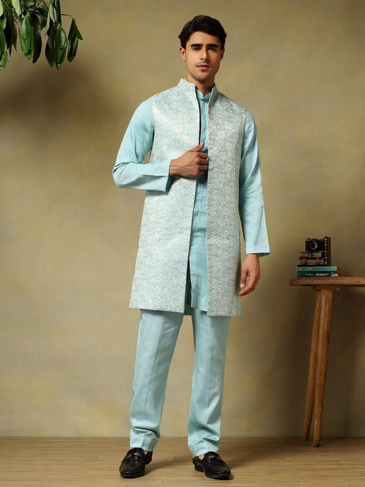 CHAAP MEN'S LIGHT BLUE DOLA SILK KURTA SET WITH BROCADE JACKET - Pomcha Jaipur