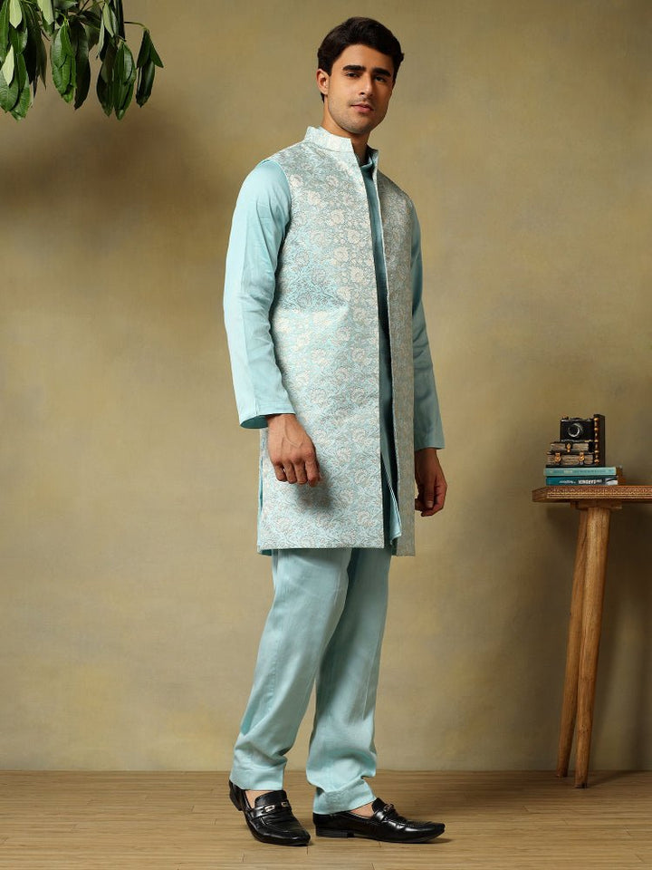 CHAAP MEN'S LIGHT BLUE DOLA SILK KURTA SET WITH BROCADE JACKET - Pomcha Jaipur