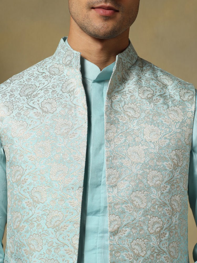 CHAAP MEN'S LIGHT BLUE DOLA SILK KURTA SET WITH BROCADE JACKET - Pomcha Jaipur