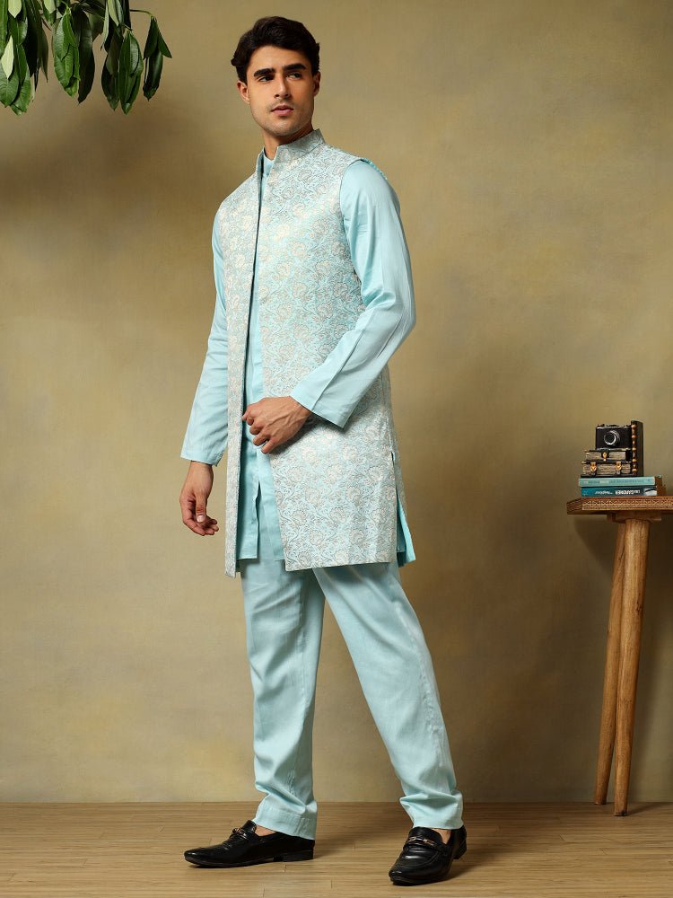 CHAAP MEN'S LIGHT BLUE DOLA SILK KURTA SET WITH BROCADE JACKET - Pomcha Jaipur