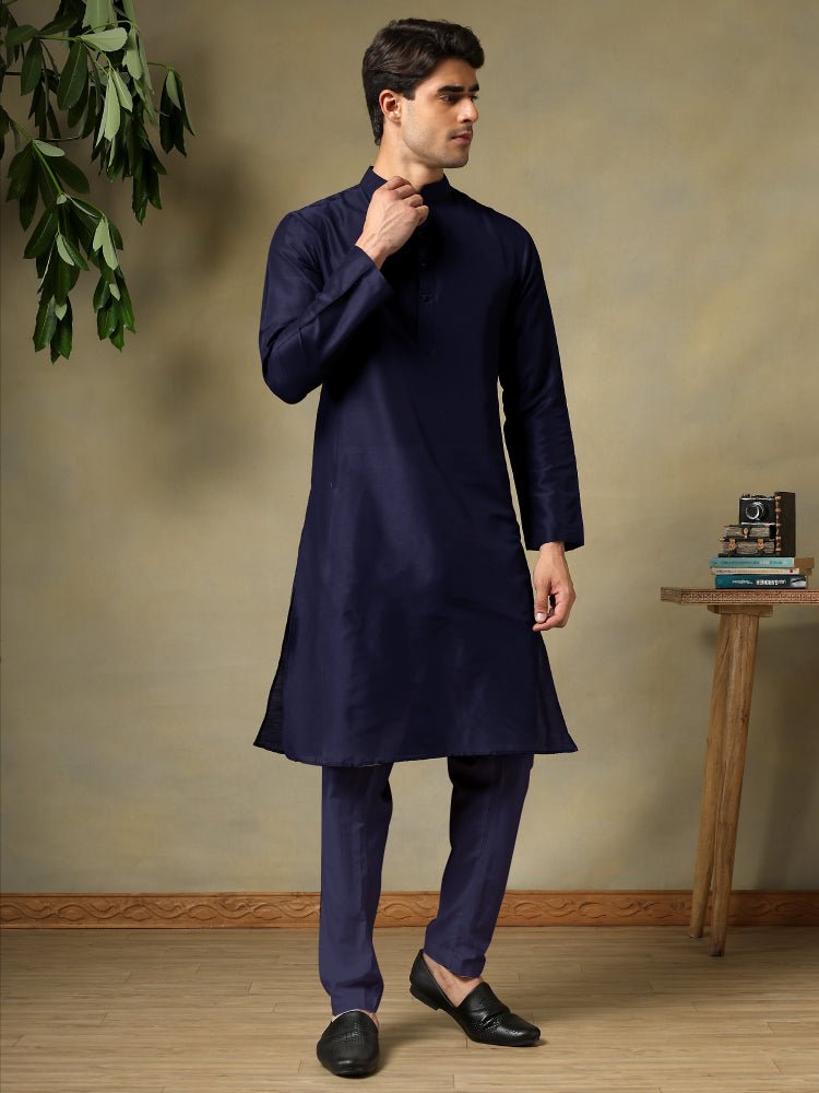 CHAAP MEN'S NAVY BLUE COTTON SILK KURTA SET - Pomcha Jaipur