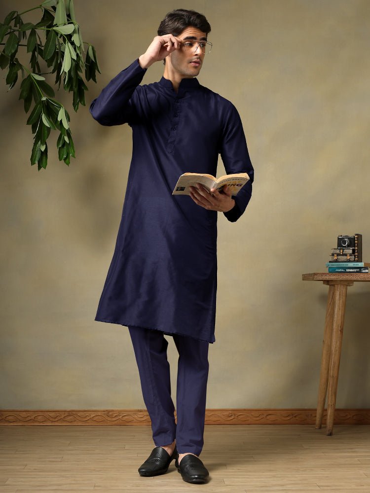 CHAAP MEN'S NAVY BLUE COTTON SILK KURTA SET - Pomcha Jaipur