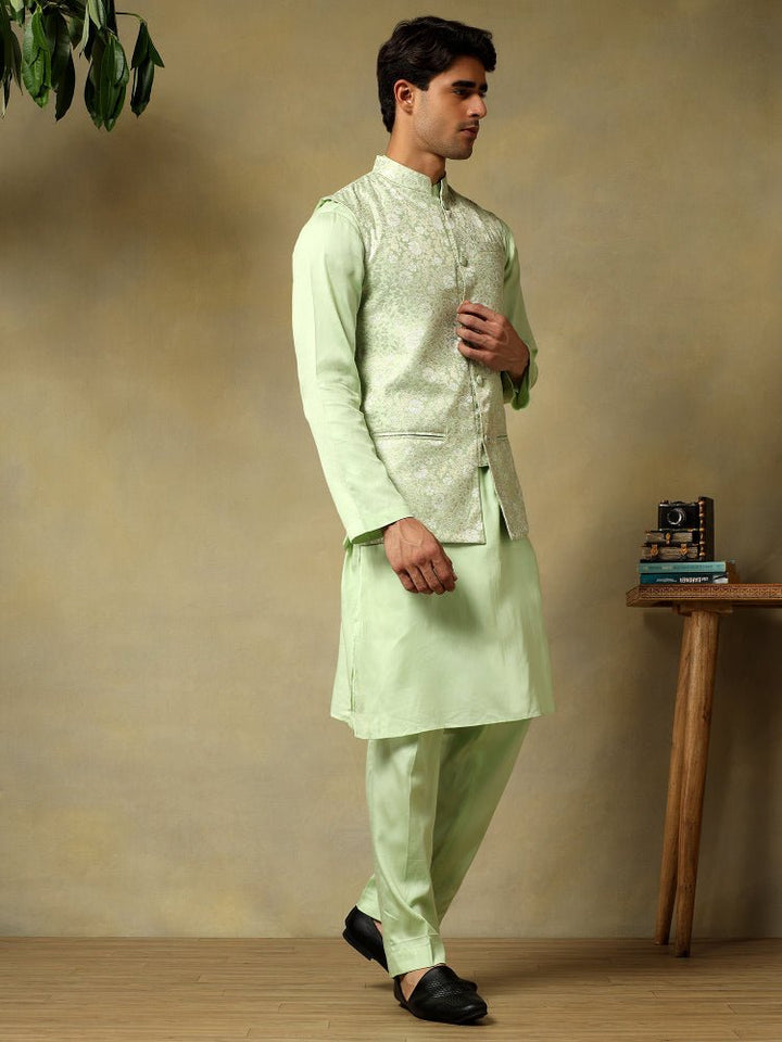 CHAAP MEN'S PISTA GREEN DOLA SILK GREEN KURTA SET WITH BROCADE JACKET - Pomcha Jaipur