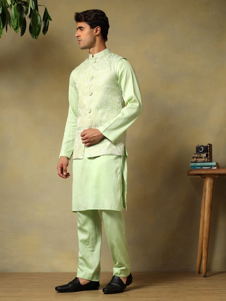 CHAAP MEN'S PISTA GREEN DOLA SILK GREEN KURTA SET WITH BROCADE JACKET - Pomcha Jaipur