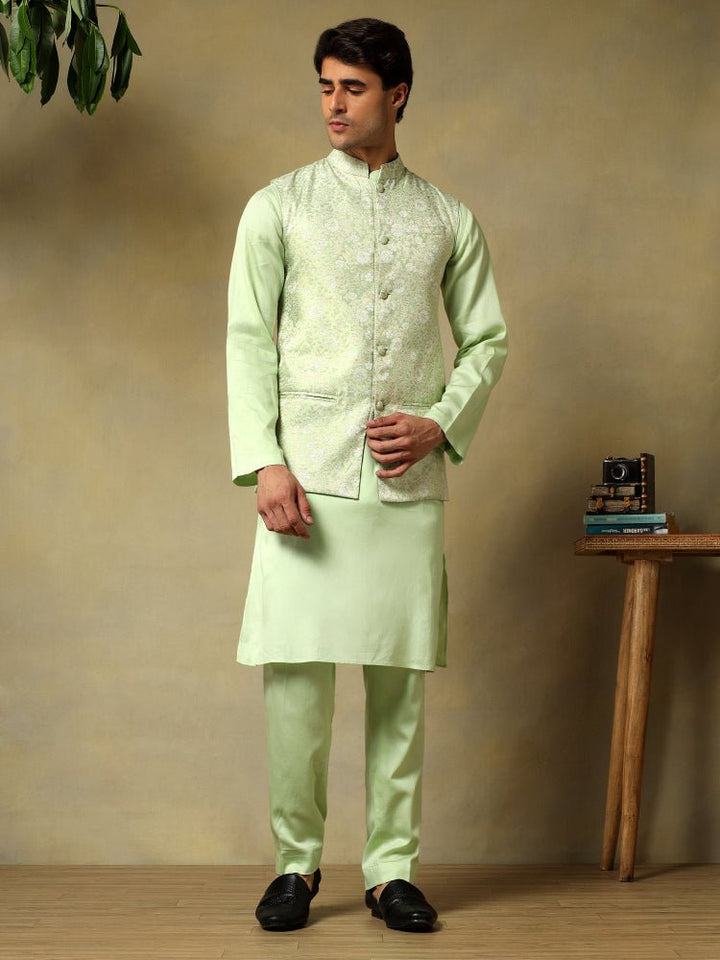 CHAAP MEN'S PISTA GREEN DOLA SILK GREEN KURTA SET WITH BROCADE JACKET - Pomcha Jaipur