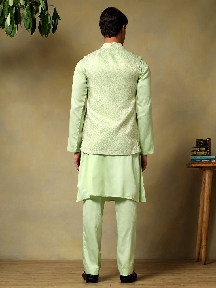 CHAAP MEN'S PISTA GREEN DOLA SILK GREEN KURTA SET WITH BROCADE JACKET - Pomcha Jaipur